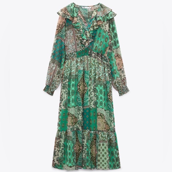 ZARA PATCHWORK PRINT MIDI DRESS - Picture 8 of 10